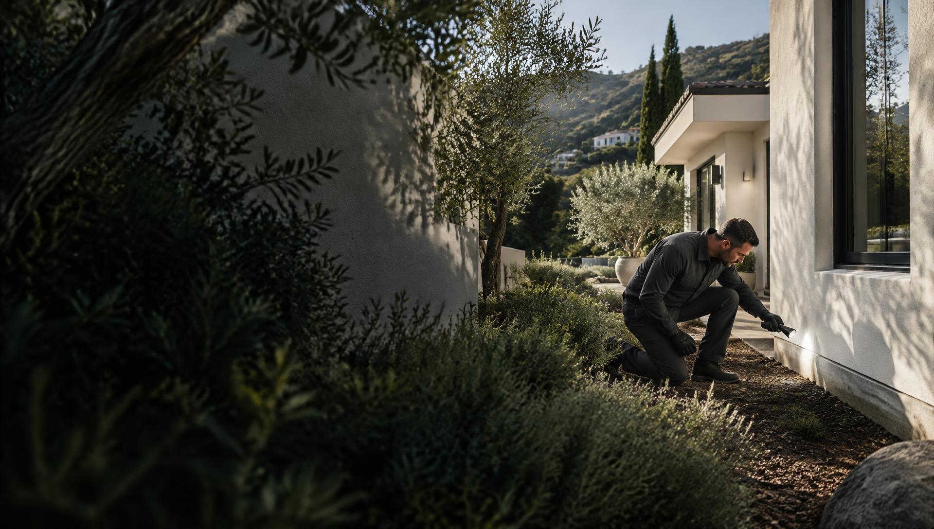 A rodent-control technician inspecting the foundation of a Southern California home